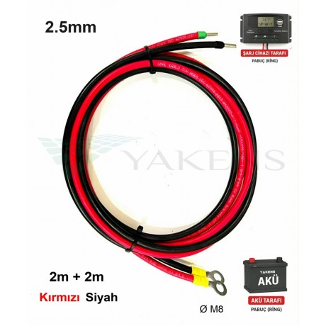 2.5mm (2m+2m) Solar Regülatör Kuru Akü Bağlantı Kablosu Hazır Seti –  Şarj Kontrol Cihazı Halka Soket Papuçlu Kırmızı Siyah Kablo